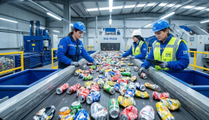 Hak Metal tesisinde, mavi ve sarı iş güvenliği kıyafetli kadın personellerin konveyör bant üzerinde hareket eden alüminyum kutuları kontrol edip ayrıştırdığı üretim hattı.