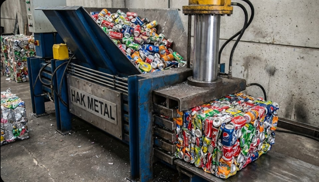 Hak Metal geri dönüşüm tesisinde, hazneye dökülen alüminyum kutuların hidrolik makine ile sıkıştırılarak küp blok (briket) balya haline getirildiği an.