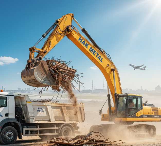 Hak Metal ekskavatörü, arka planda uçakların kalkış yaptığı Arnavutköy havalimanı bölgesindeki bir şantiyeden kamyona hurda demir ve sac yüklemesi yapıyor.