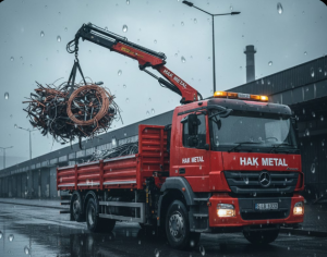 Yağmurlu bir havada Bayrampaşa sokağında, Hak Metal logolu kırmızı vinçli kamyon, ıslak hurda bakır kablo demetlerini ve alüminyum profilleri kasasına yüklüyor.
