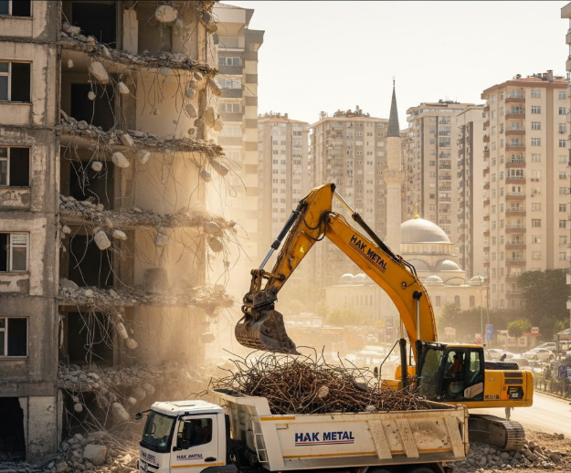 Bayrampaşa'da güneşli bir günde kentsel dönüşüm şantiyesinde, Hak Metal logolu ekskavatör yıkılan binadan çıkan inşaat demiri hurdalarını beyaz hafriyat kamyonuna yüklüyor.