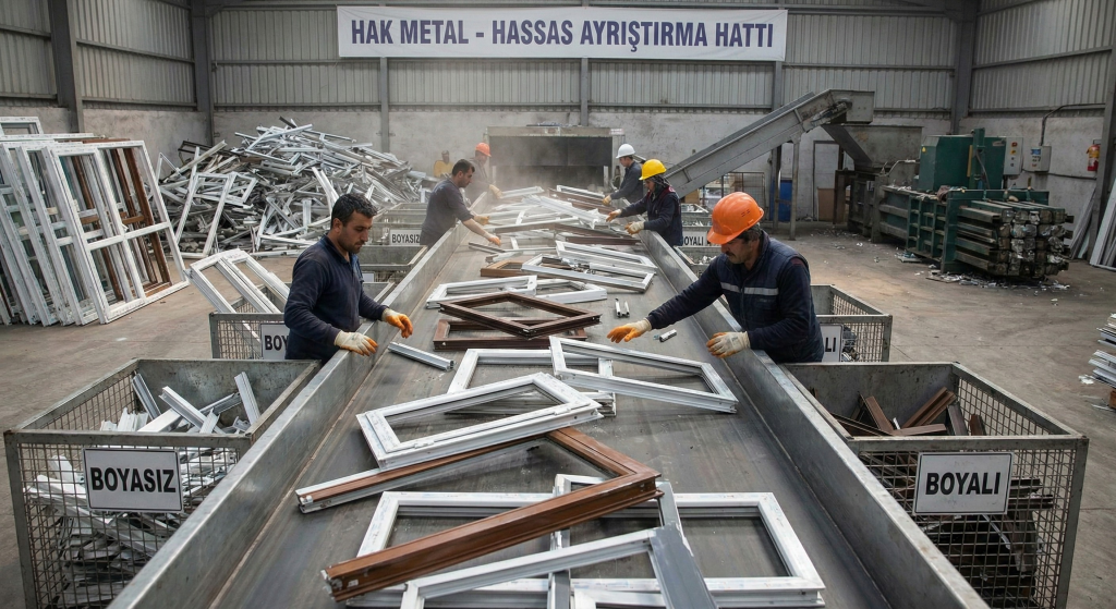 Hak Metal deposunda, sarı baretli bir işçi elindeki alüminyum pencere profilini yakından inceliyor. Arka planda paletler üzerinde istiflenmiş boyasız ve boyalı profil hurdaları ile bir forklift görülüyor. Duvara "Hak Metal - Alüminyum Profil Geri Dönüşüm" afişi asılmış.