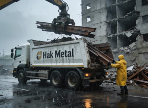 Yağmurlu ve ıslak bir havada, Hak Metal logosu taşıyan beyaz bir kamyonun kasasına, bir iş makinesi tarafından yıkım sahasından çıkan hurda çelik kirişler yükleniyor. Sarı yağmurluklu bir işçi yüklemeyi yönlendiriyor.