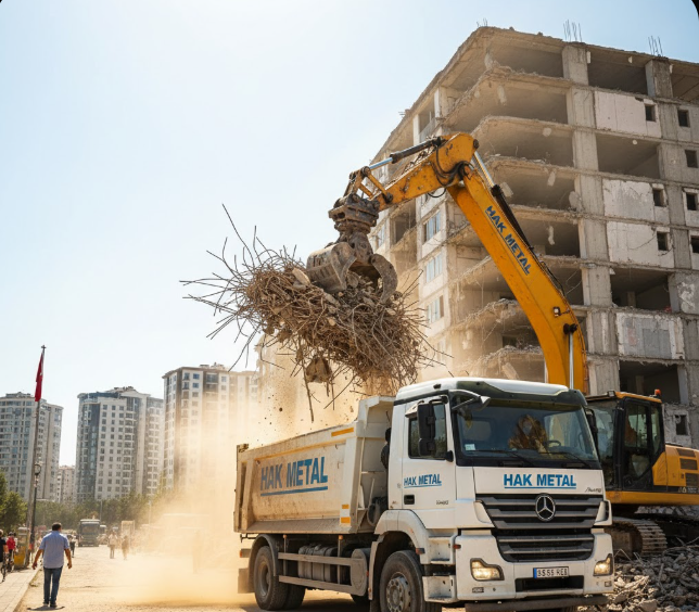 Güneşli bir yaz gününde Esenler kentsel dönüşüm sahasında, Hak Metal logolu ekskavatör yıkılan binadan çıkan hurda demirleri kamyona yüklüyor.
