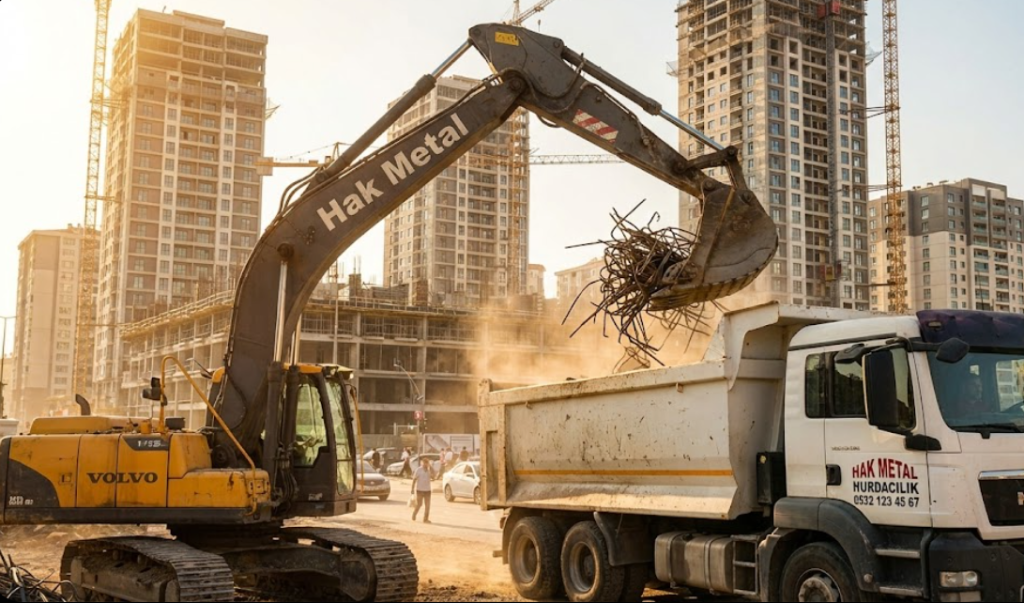 Gaziosmanpaşa'da güneşli bir günde, arkada yükselen yeni binaların olduğu şantiyede, Hak Metal logolu sarı ekskavatör inşaat demiri hurdalarını beyaz kamyona yüklüyor.