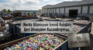 Hak Metal hurda sahasında konteynerler dolusu alüminyum içecek kutuları ve üzerinde 'Hurda Alüminyum İçecek Kutuları Geri Dönüşüme Kazandırıyoruz' yazan tabela.