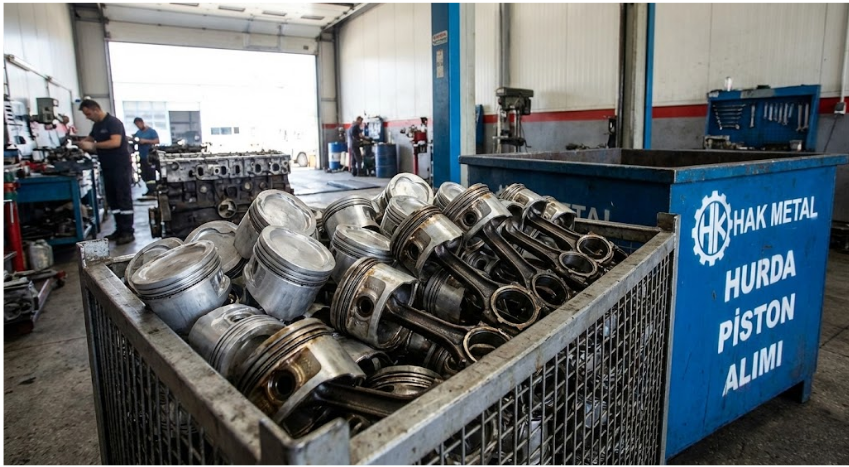 Hak Metal hurda kasasında birikmiş, üzerinde yağ ve kullanım izleri bulunan hurda alüminyum motor pistonları ve biyel kolları.