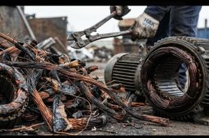 Hak Metal logolu eldiven takan bir geri dönüşüm işçisi, hurda sahasında büyük bir demir makası ile yanık bakır motor bobinlerini keserken.