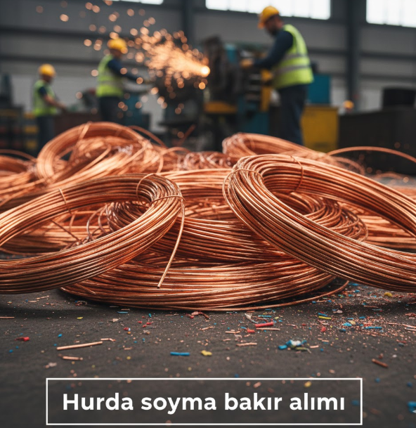 Geri dönüşüm tesisinde işlenen parlak soyma bakır bobinleri ve arka planda çalışan sanayi ustaları.