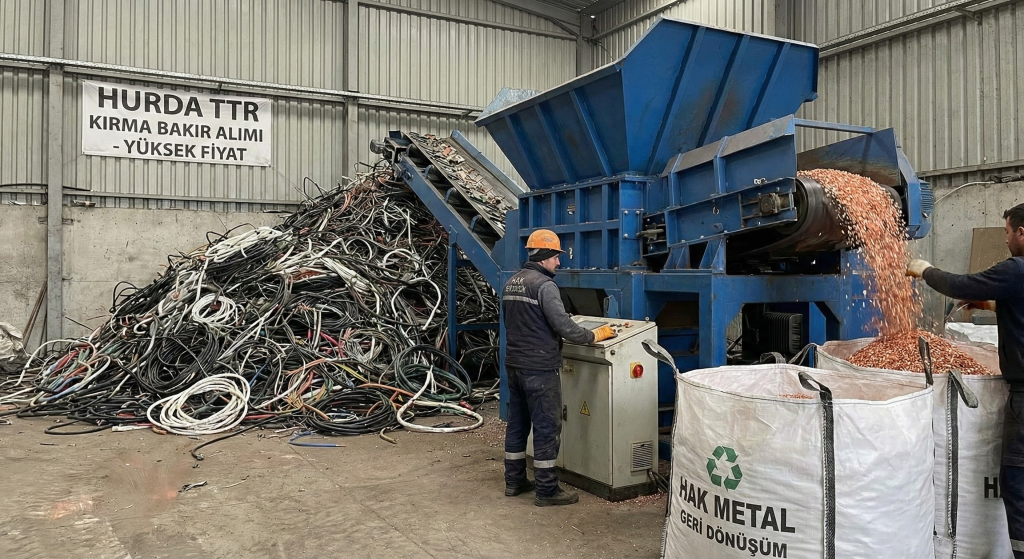 Hak Metal tesisinde çalışan mavi renkli kırma makinesinden çıkan parlak, kızıl renkli granül kırma bakırlar büyük bir çuvala doluyor; arka planda hurda TTR kablo yığını ve Hurda TTR Kırma Bakır Alımı - Yüksek Fiyat yazılı afiş var.