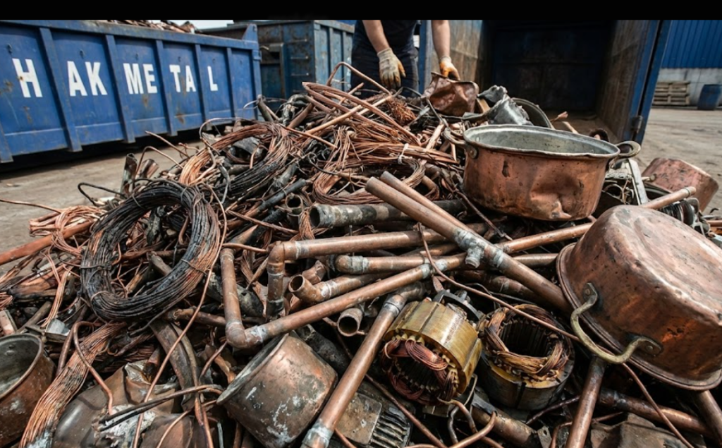 Hak Metal geri dönüşüm sahasında, ayrıştırılmayı bekleyen karışık kırkambar bakır, yanık kablo, bobin ve eski boru hurdaları yığını.