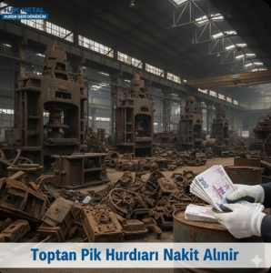 Eski bir fabrika içerisindeki büyük pik döküm makine hurdalarının önünde, iş eldivenli bir el bir tomar 200 TL nakit para tutuyor.