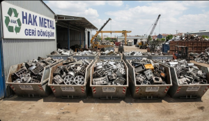Hak Metal tesis bahçesinde yan yana dizilmiş 5 adet büyük konteyner içerisinde ayrıştırılmış jant, motor bloğu ve sanayi hurdaları.