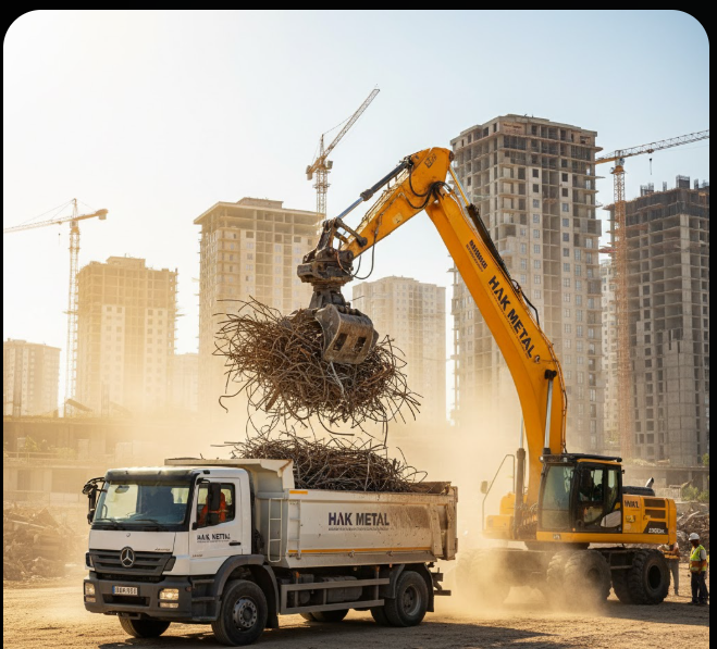 Güneşli bir yaz gününde Sultangazi'deki kentsel dönüşüm şantiyesinde, Hak Metal logolu sarı ekskavatör inşaat demiri hurdalarını beyaz nakliye kamyonuna yüklüyor.