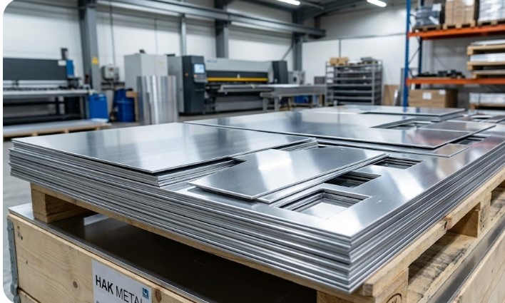 Hak Metal deposunda istiflenmiş, lazer kesimden çıkmış parlak ve temiz hurda araiş alüminyum levha parçaları.