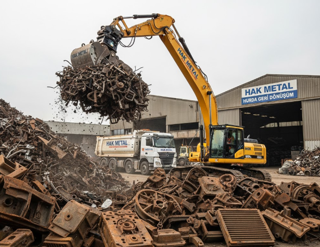 Hak Metal geri dönüşüm tesisinde, sarı ekskavatör kepçesiyle hurda döküm petekleri, motor bloklarını ve sanayi parçalarını damperli kamyona yüklüyor.