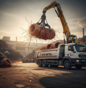 Hak Metal logolu kamyona iş makinesi kıskacıyla yüklenen dev soyma bakır bobinleri ve hurda sahası.