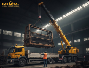 Hak Metal profesyonel ekibi, fabrika içerisindeki ağır tonajlı döküm makine gövdesini mobil vinç yardımıyla sökerek nakliye kamyonuna yüklüyor.