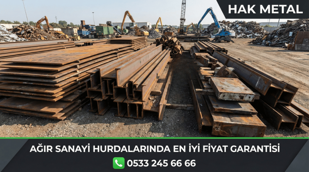 Geri dönüşüm tesisinde düzenli olarak istiflenmiş kalın çelik saclar ve ekstra ağır sanayi hurda demir yığınları, Hak Metal personeli inceleme yapıyor.