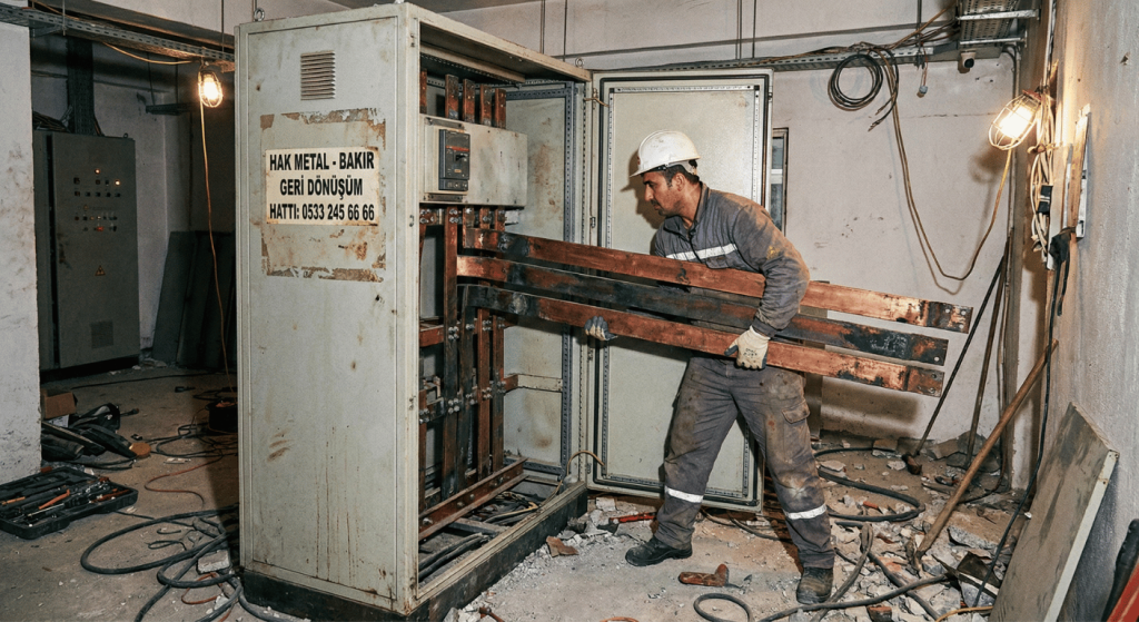 Elektrik panosundan lama hurda bakır sökümü yapan işçi ve Hak Metal yerinde hurda alım hizmetleri