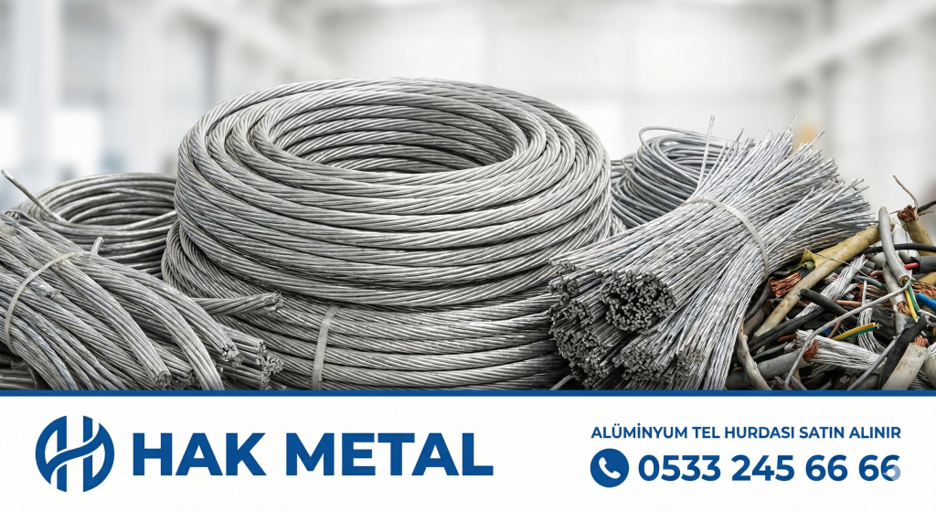 Gri renkli parlak ve temiz soyma alüminyum tel bobinleri; görselin alt kısmında Hak Metal logosu, "Alüminyum Tel Hurdası Satın Alınır" yazısı ve 0533 245 66 66 telefon numarası bulunan mavi şerit yer alıyor.