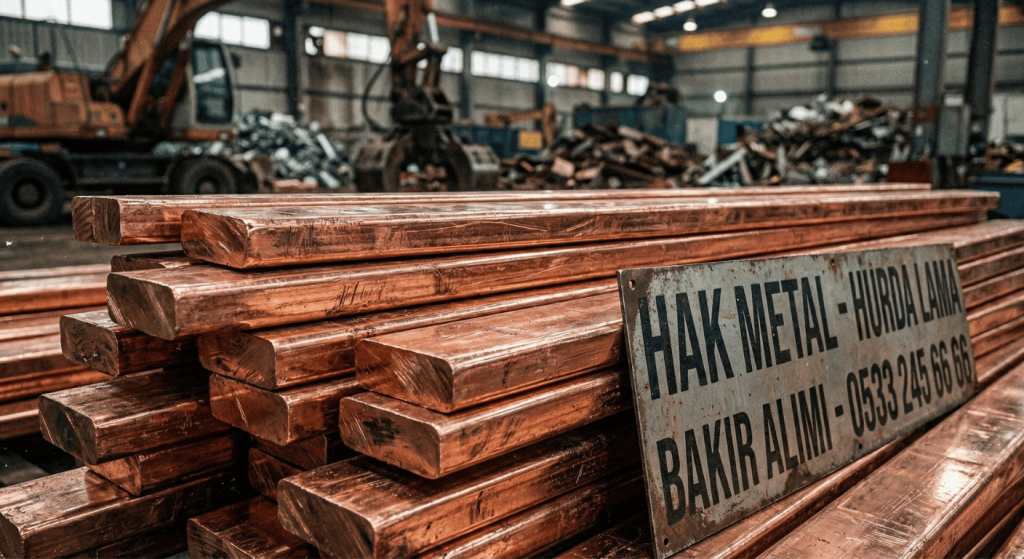 Hak Metal deposunda istiflenmiş parlak soyma lama hurda bakır ve alım tabelası
