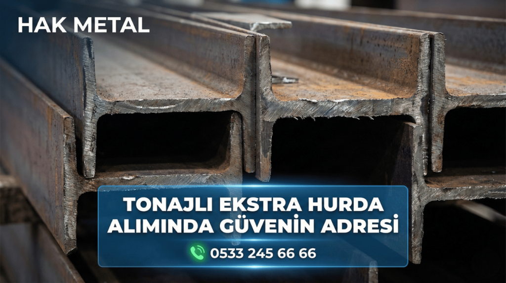 Geri dönüşüm için toplanmış, et kalınlığı çok yüksek ve pürüzsüz dokuya sahip paslı çelik I profillerin yakından detaylı çekimi.