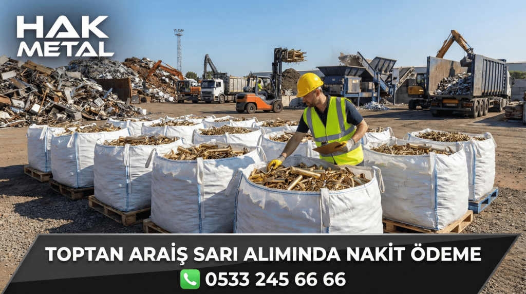 Hak Metal geri dönüşüm sahasında büyük çuvallar (big bag) içerisine doldurulmuş toptan MS-64 altın sarısı pirinç hurdaları ve saha personeli.