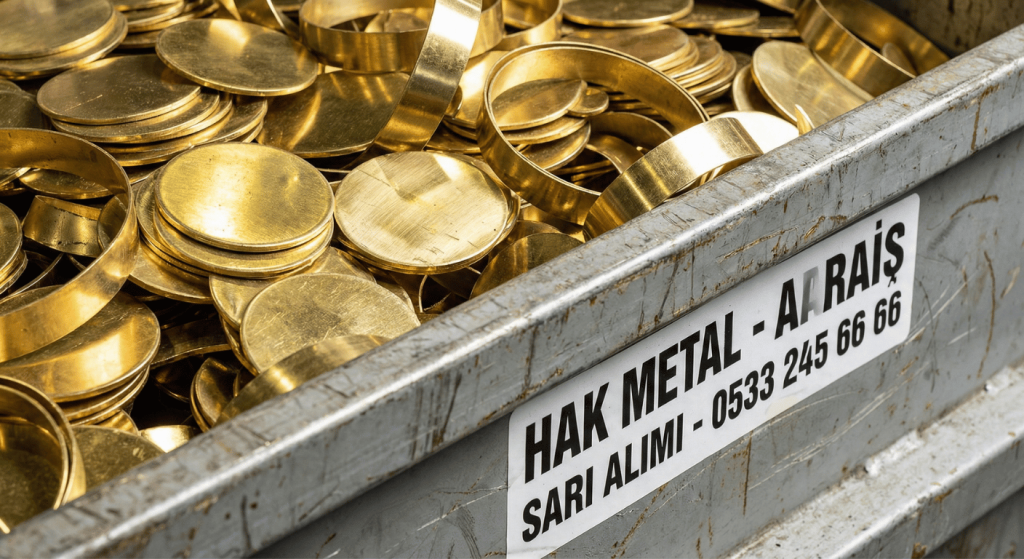 Geri dönüşüm kutusunda parlayan temiz araiş sarı ms-70 hurda pirinç parçaları ve HAK Metal iletişim etiketi