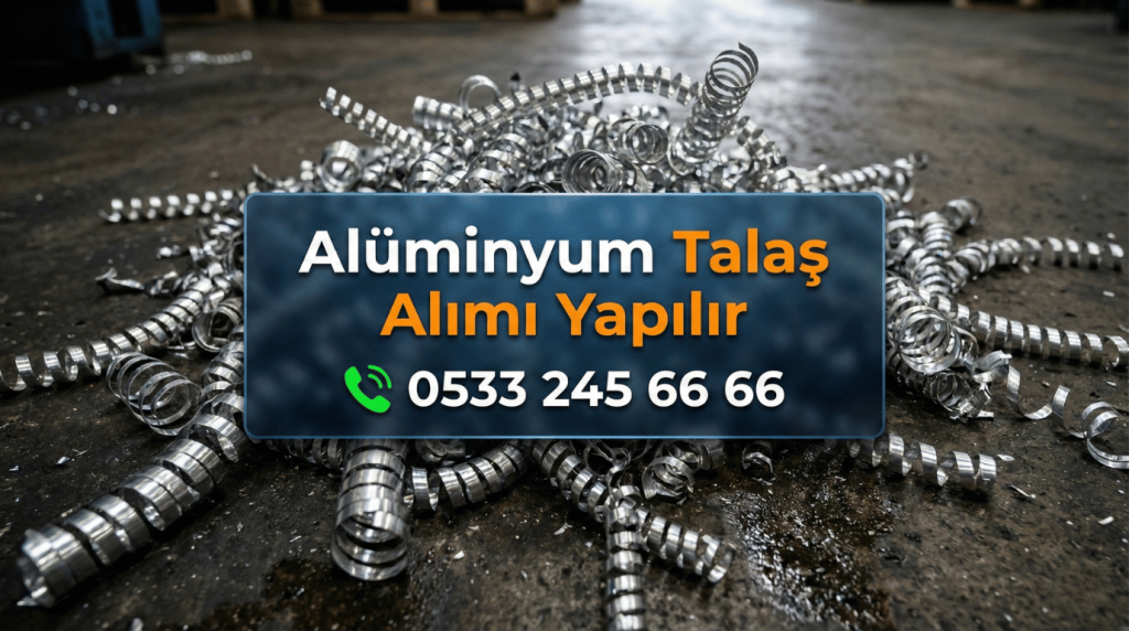 Geri dönüşüm deposunda istiflenmiş parlak ve temiz alüminyum talaş hurdası yığınları ve imalat artığı profiller.