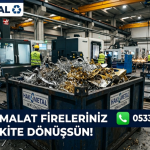 İMES sanayi sitesindeki bir talaşlı imalat atölyesinde, Hak Metal'e ait çelik konteynerin içi üretim firesi parlak demir ve alüminyum talaşı ile dolu.