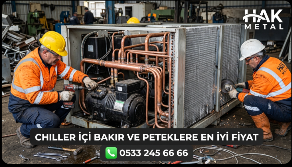 Parçalanmış endüstriyel chiller cihazının içinden çıkan kalın saf bakır borular, dev kompresör motorları ve alüminyum radyatör peteklerinin (fin) yakından çekimi.