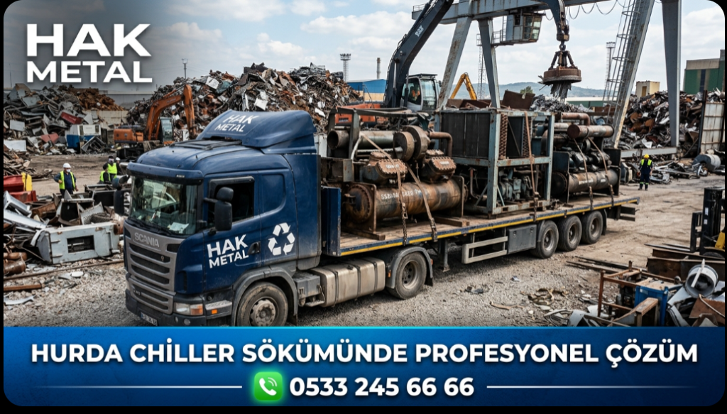 Geri dönüşüm tesisinde Hak Metal tırının üzerine yüklenmiş, sökümü tamamlanmış ağır çelik chiller şaseleri ve dev sanayi tipi hurda kompresörler.