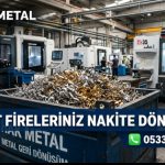 İkitelli sanayi sitesinde bir torna atölyesi içinde Hak Metal'e ait çelik hurda konteyneri, içi parlak CNC metal talaşı dolu.