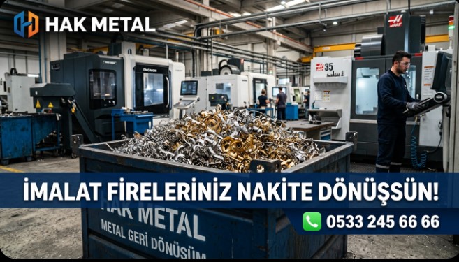 İkitelli sanayi sitesinde bir torna atölyesi içinde Hak Metal'e ait çelik hurda konteyneri, içi parlak CNC metal talaşı dolu.