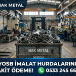 İAYOSB içerisinde yer alan bir otomotiv yan sanayi fabrikasında, Hak Metal'e ait çelik hurda konteyneri parlak DKP sac kırpıntıları ve metal firelerle dolu.