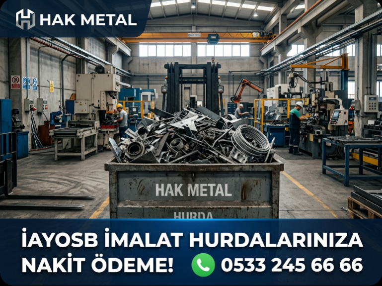 İAYOSB içerisinde yer alan bir otomotiv yan sanayi fabrikasında, Hak Metal'e ait çelik hurda konteyneri parlak DKP sac kırpıntıları ve metal firelerle dolu.