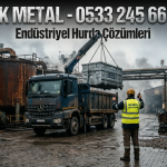 Çorlu Deri İhtisas OSB'de sızdırmaz hurda konteyneri yüklemesi yapan Hak Metal lojistik aracı ve personeli.