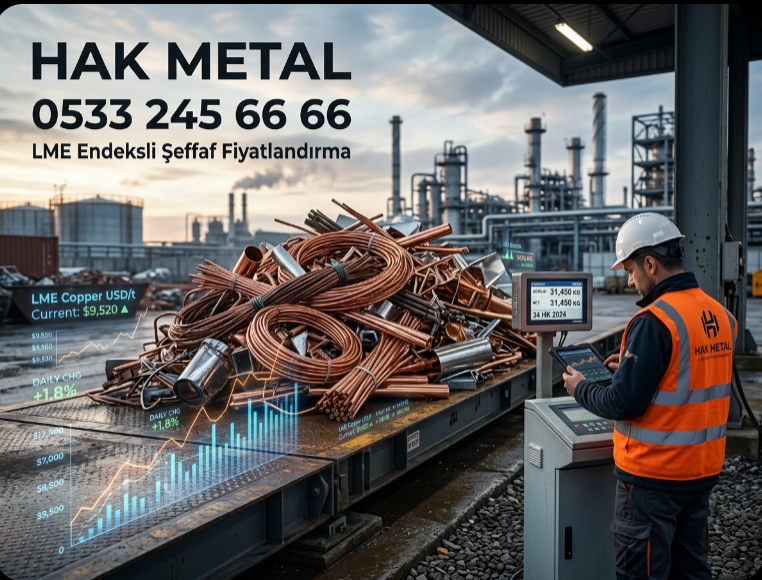 LME borsası verileriyle şeffaf kantar tartımı yapılan bakır ve sanayi hurdaları ile Hak Metal personeli.