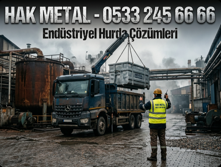 Çorlu Deri İhtisas OSB'de sızdırmaz hurda konteyneri yüklemesi yapan Hak Metal lojistik aracı ve personeli.